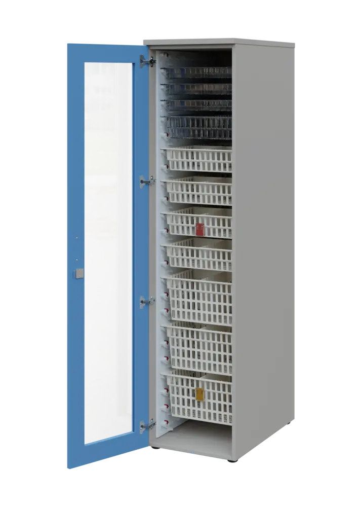 EUROMEDICA S - 46 skříň léková boxová, 1-dveřová/prosklená, levá, 1950x460x735, korpus šedý, dvířka pastelově modrá